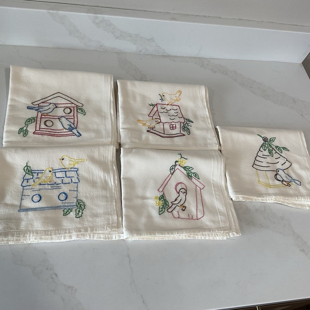 NEW HAND-EMBROIDERED FLOUR-SACK DISH TOWELS - LOT OF 5 Bird Houses